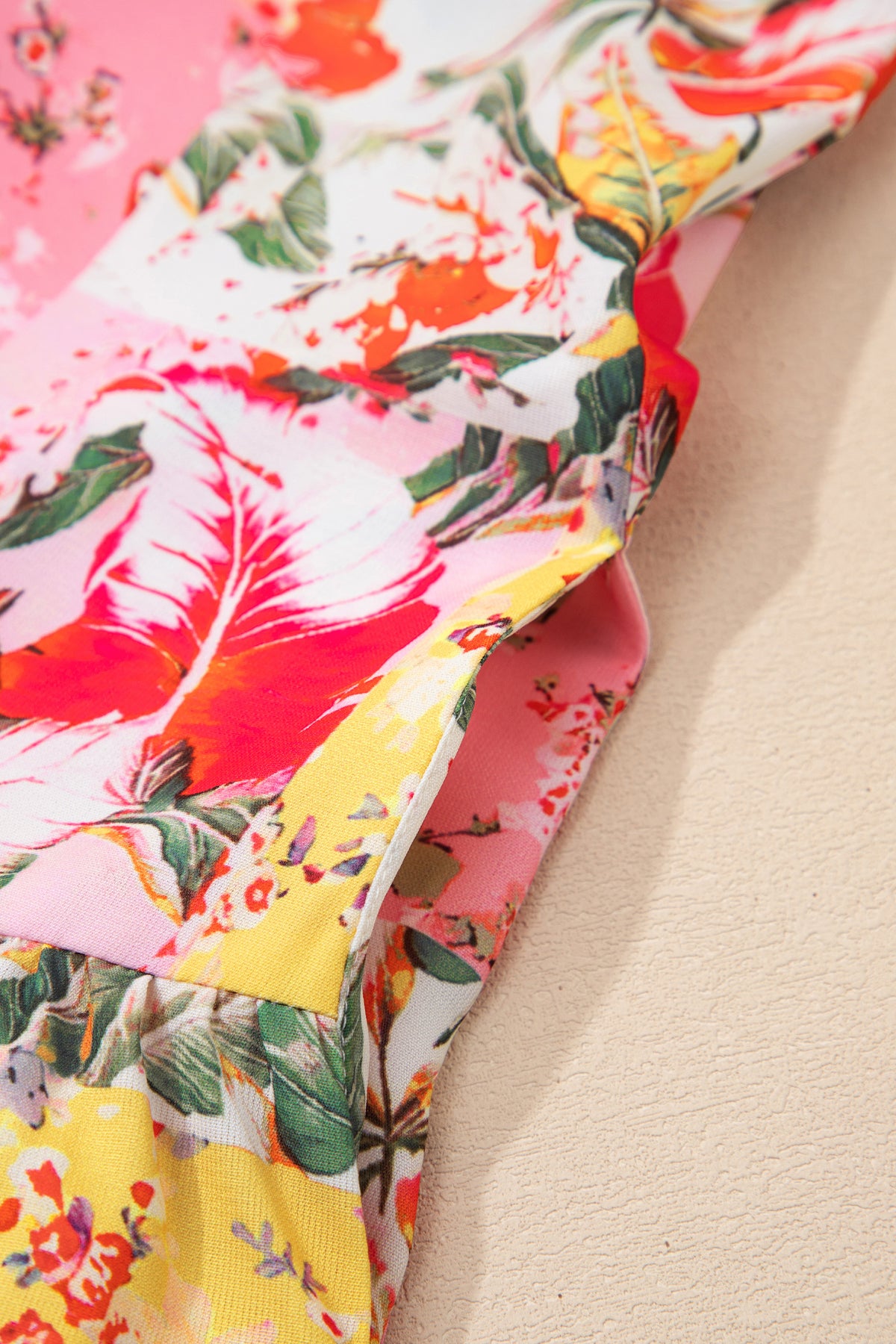 KaleaBoutique Stylish Color Block Floral Print Contrast Trim V Neck Ruffle Hem Mini Dress - KaleaBoutique.com