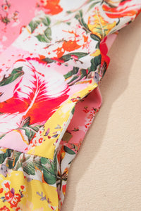 KaleaBoutique Stylish Color Block Floral Print Contrast Trim V Neck Ruffle Hem Mini Dress - KaleaBoutique.com