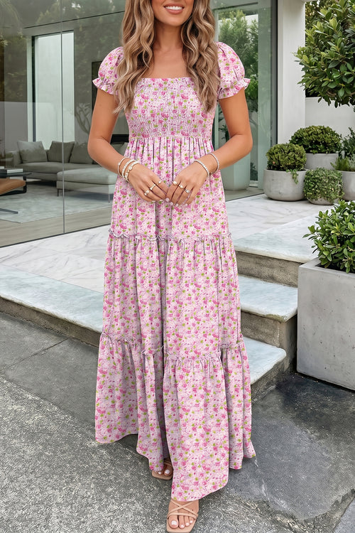 KaleaBoutique Comfortable Floral Short Bubble Sleeve Shirred High Waist Maxi Dress - KaleaBoutique.com