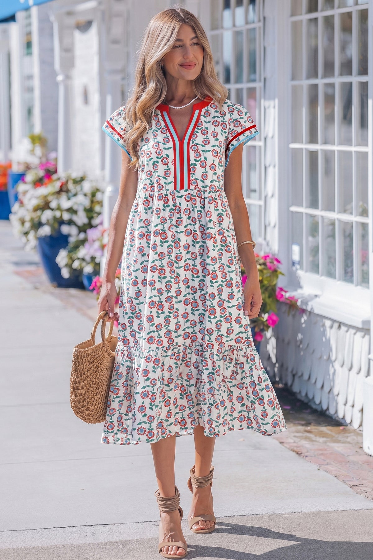 KaleaBoutique Stylish Cute Sunflower Printed Striped Patchwork Trim Flutter Sleeve Long Dress - KaleaBoutique.com