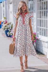 KaleaBoutique Stylish Cute Sunflower Printed Striped Patchwork Trim Flutter Sleeve Long Dress - KaleaBoutique.com