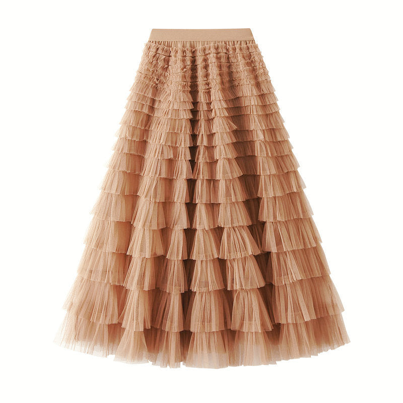 A-Line Mesh Ruffle Skirt Women's Temperament Sweet Long Skirt Slim Cupcake Dress Womens Clothing - KaleaBoutique.com