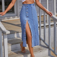 Foreign Trade Amazon Cross-border Women's Clothing European And American Casual Button Irregular Slit Denim High Waist Denim Skirt - KaleaBoutique.com