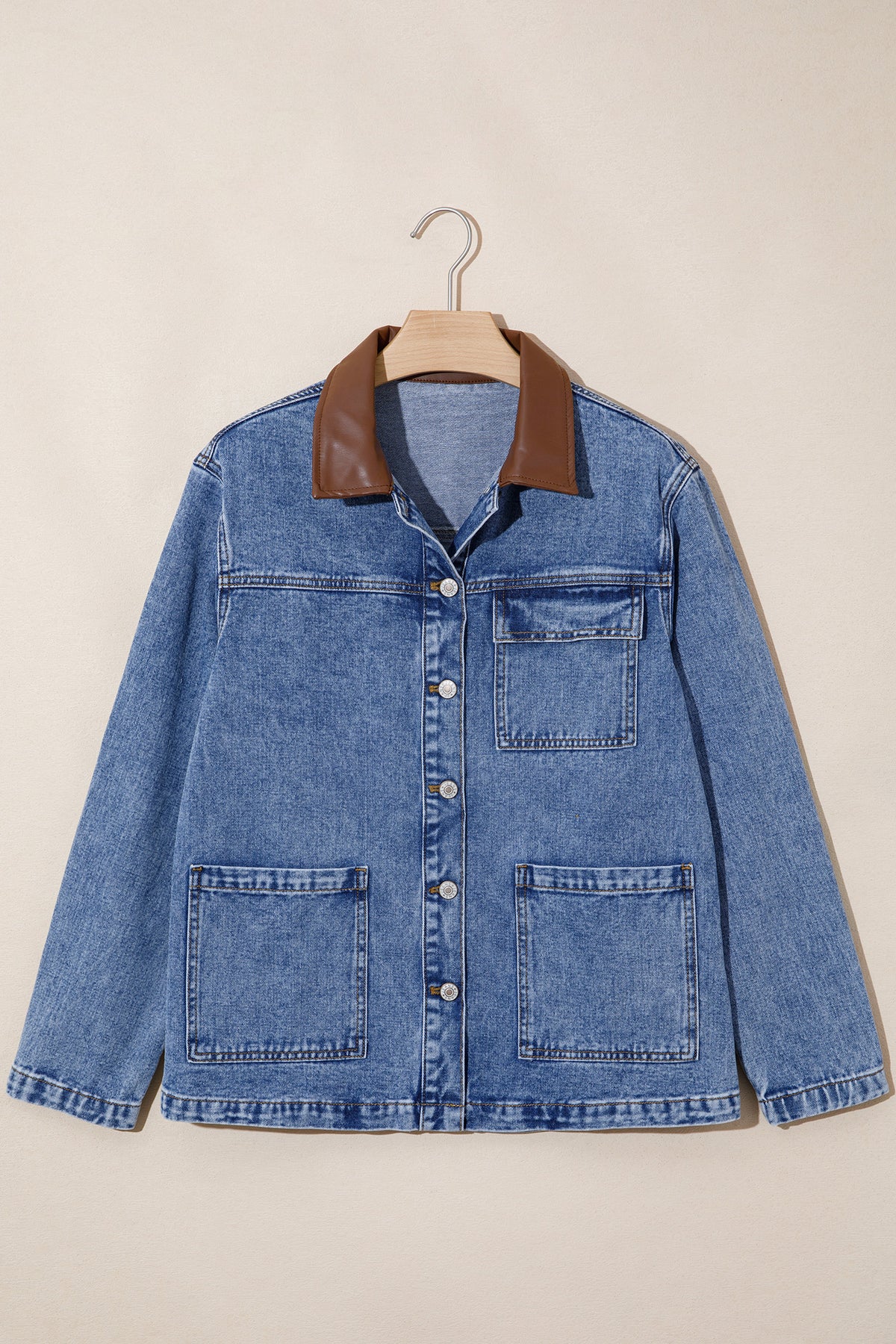 Patchwork Leather Collar Long Sleeve Denim Jacket - KaleaBoutique.com