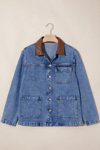 Patchwork Leather Collar Long Sleeve Denim Jacket - KaleaBoutique.com