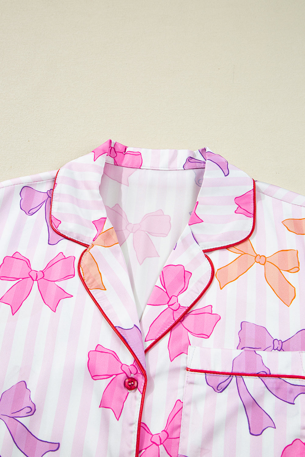 KaleaBoutique Stylish Striped Bow Print Contrast Piping Trim Shirt and Pants 2pcs Pajama Set - KaleaBoutique.com