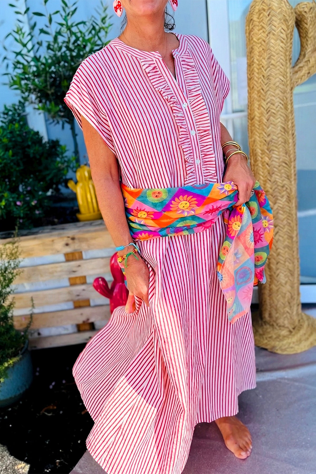 KaleaBoutique Stylish Frilled Detail Half Buttons Short Sleeve Long Dress - KaleaBoutique.com