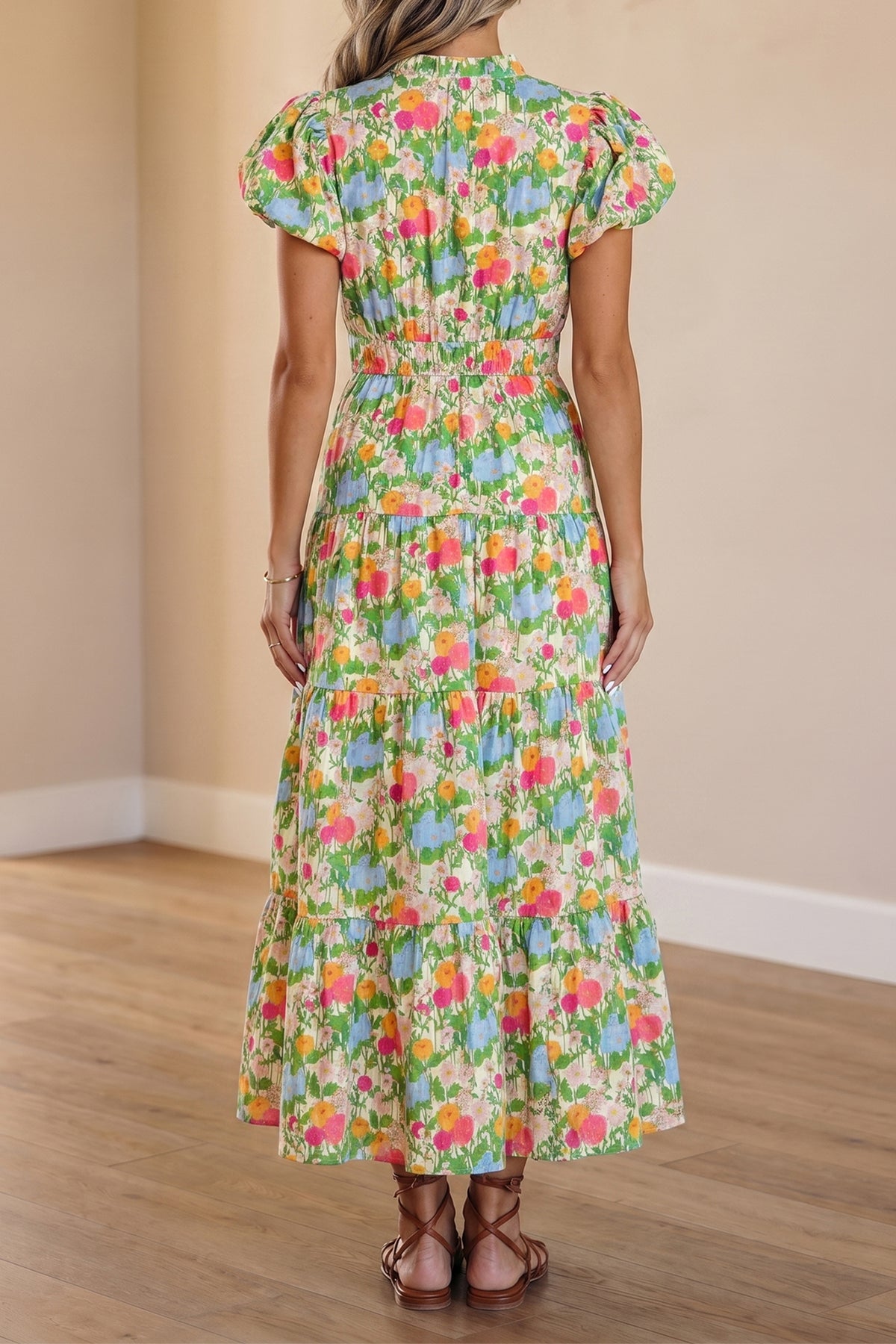 KaleaBoutique Comfortable Floral Print V Neck Short Puff Sleeve Cotton Maxi Dress - KaleaBoutique.com
