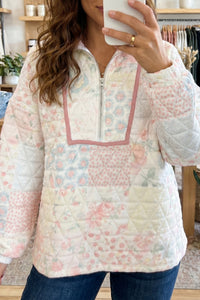 KaleaBoutique Stylish Floral Quilted Metal Zipper Collar Long Sleeve Sweatshirt - KaleaBoutique.com