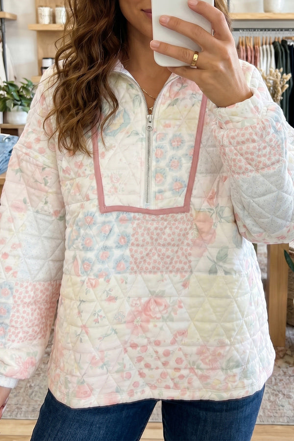 KaleaBoutique Stylish Floral Quilted Metal Zipper Collar Long Sleeve Sweatshirt - KaleaBoutique.com