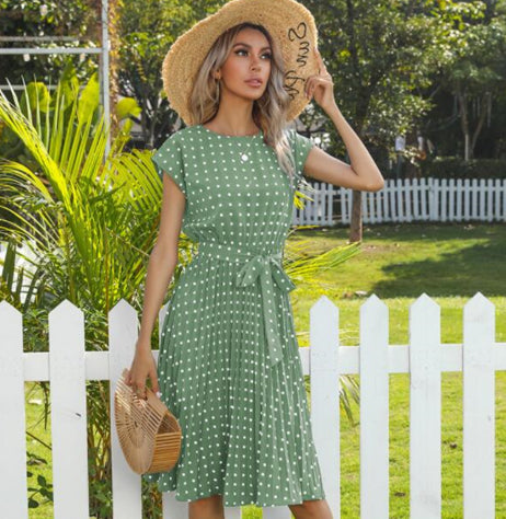Women's Polka-Dot Round-Neck Tie-Waist Midi Dress - KaleaBoutique.com