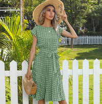 Women's Polka-Dot Round-Neck Tie-Waist Midi Dress - KaleaBoutique.com