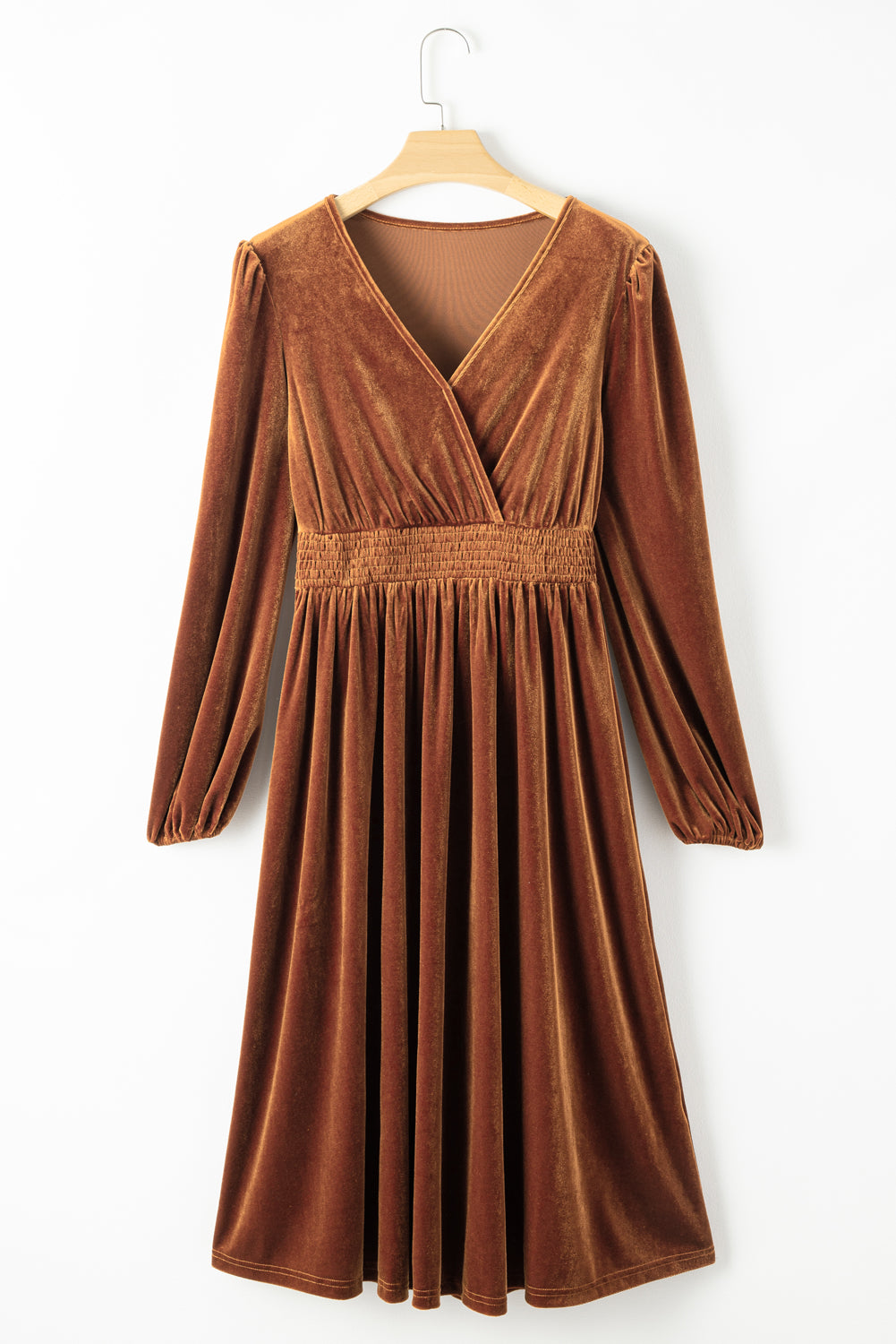 brown velvet long sleeve dress Brown Embellished Long Sleeve Velvet Trim A-Line Midi Dress main image 1