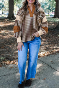 KaleaBoutique Stylish Collar V Neck Color Block Detail Long Sleeve Pullover Top - KaleaBoutique.com