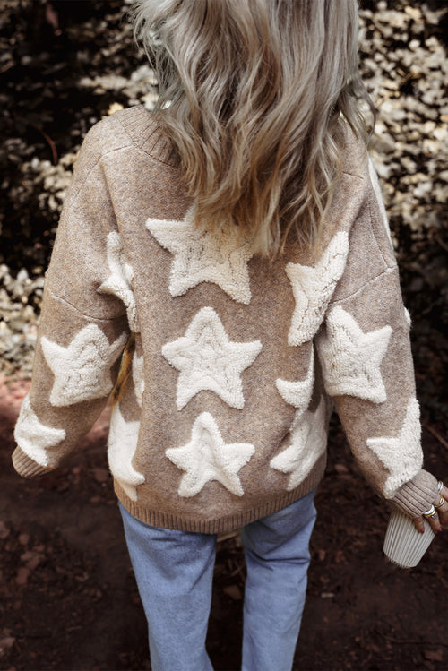 KaleBoutique Stylish Sherpa Star Pattern Textured Sweater Cardigan with Pockets - KaleaBoutique.com