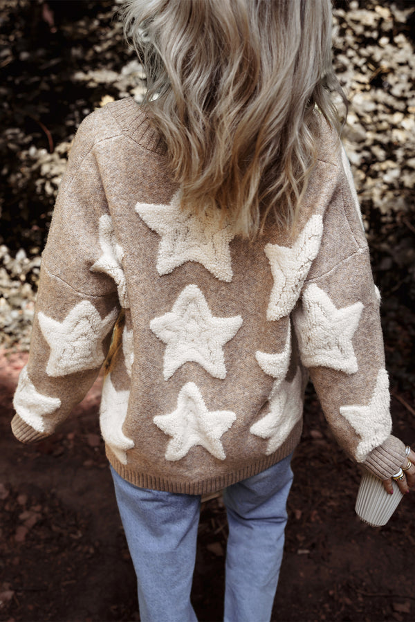 KaleBoutique Stylish Sherpa Star Pattern Textured Sweater Cardigan with Pockets - KaleaBoutique.com