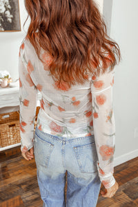 Casual Round Neck Floral Print Mesh Long Sleeve Top - KaleaBoutique.com