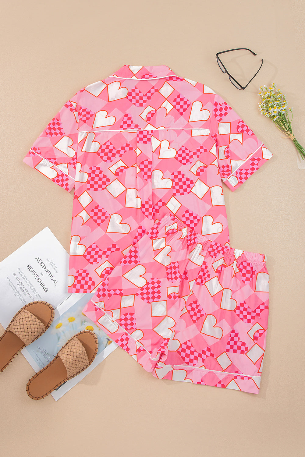 KaleaBoutique Comfortable Heart Print Shirt Style Silky Short Pajama Set - KaleaBoutique.com