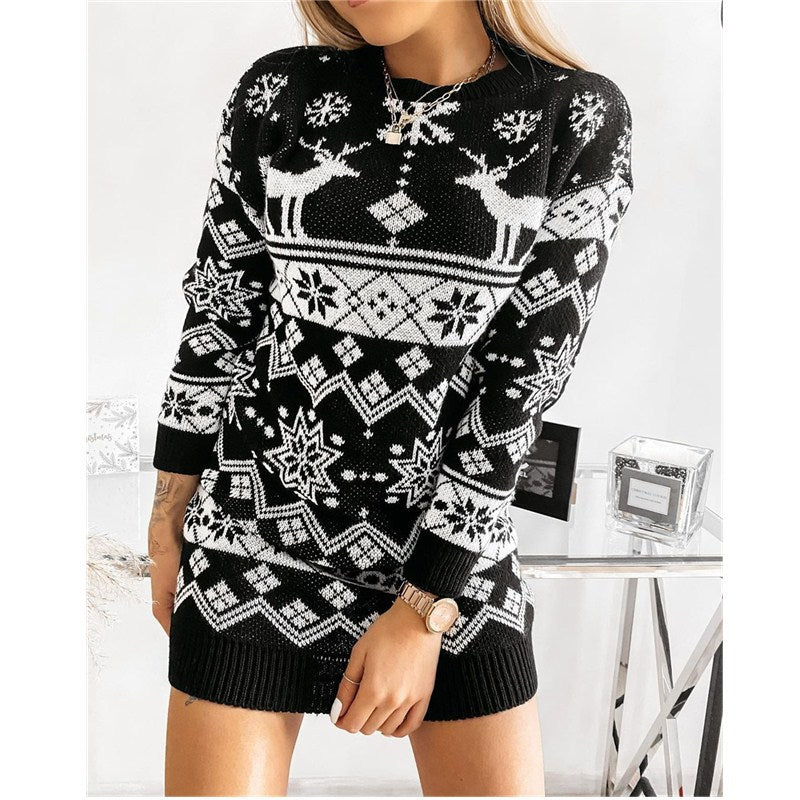 Women's Reindeer and Snowflake Christmas Sweater Dress - KaleaBoutique.com