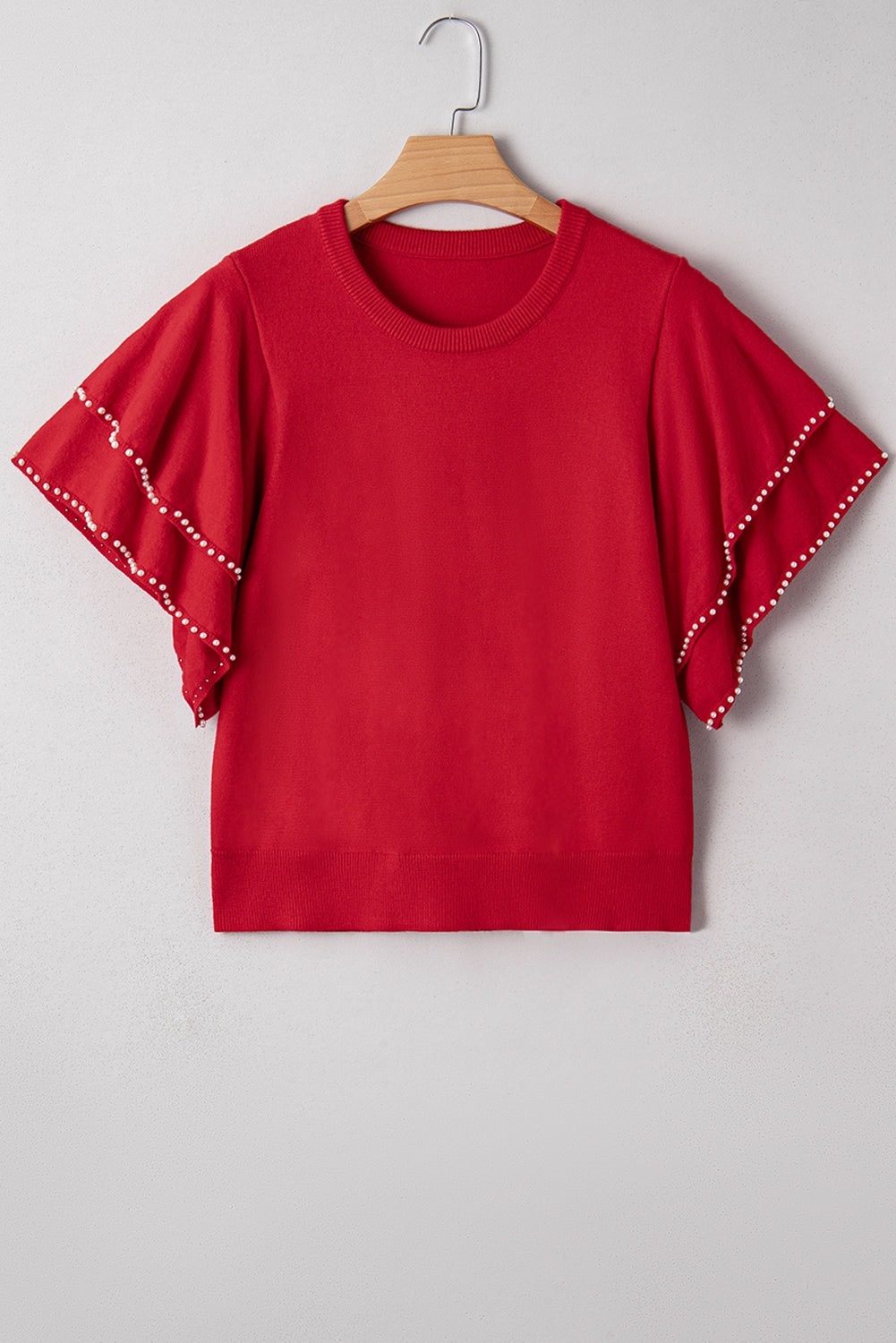 KaleaBoutique Stylish Pearl Embellished Double Ruffle Short Sleeve Sweater - KaleaBoutique.com