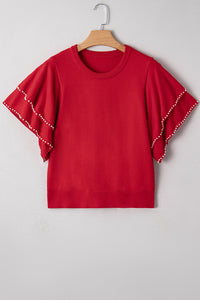 KaleaBoutique Stylish Pearl Embellished Double Ruffle Short Sleeve Sweater - KaleaBoutique.com