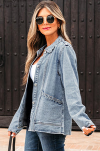 Scallop Trim Collar Patched Pocket Button Up Mineral Washed Denim Jacket - KaleaBoutique.com