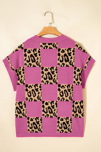 KaleaBoutique Comfortable Leopard Checkerboard Short Sleeve Knit Sweater - KaleaBoutique.com