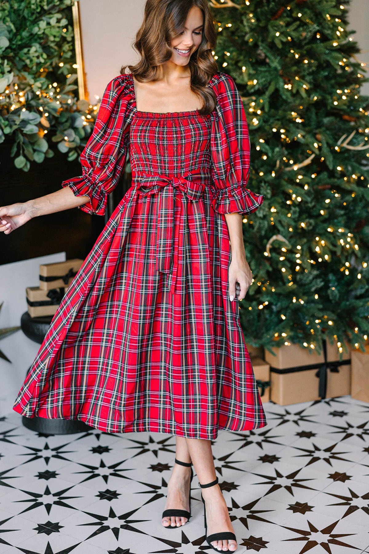 KaleaBoutique Stylish Plaid Square Neck Puff Sleeve Knot Waist Flared Midi Dress - KaleaBoutique.com