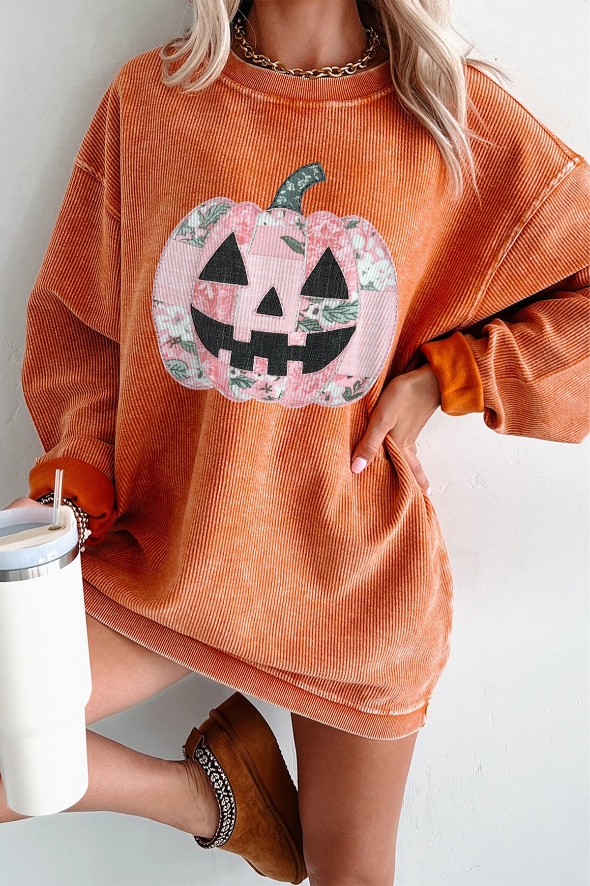 Orange Patchwork Pumpkin Corduroy Ribbed Halloween Tunic Sweatshirt - KaleaBoutique.com