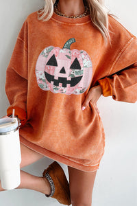 Orange Patchwork Pumpkin Corduroy Ribbed Halloween Tunic Sweatshirt - KaleaBoutique.com