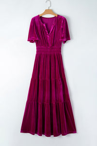 KaleaBoutique Velvet Short Sleeve Shirred Waist Tiered Maxi Dress - KaleaBoutique.com