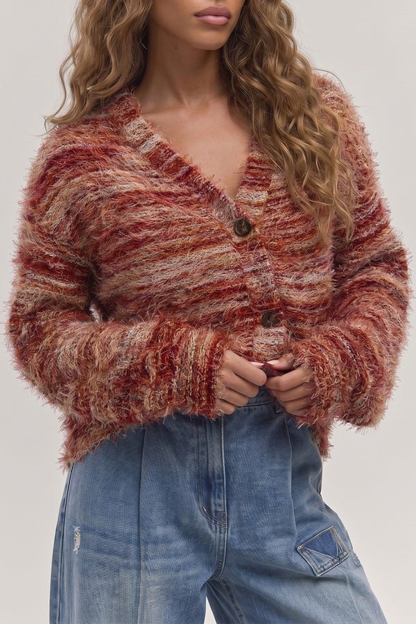 KaleaBoutique Stylish Fuzzy Striped Button Front Cardigan Sweater - KaleaBoutique.com