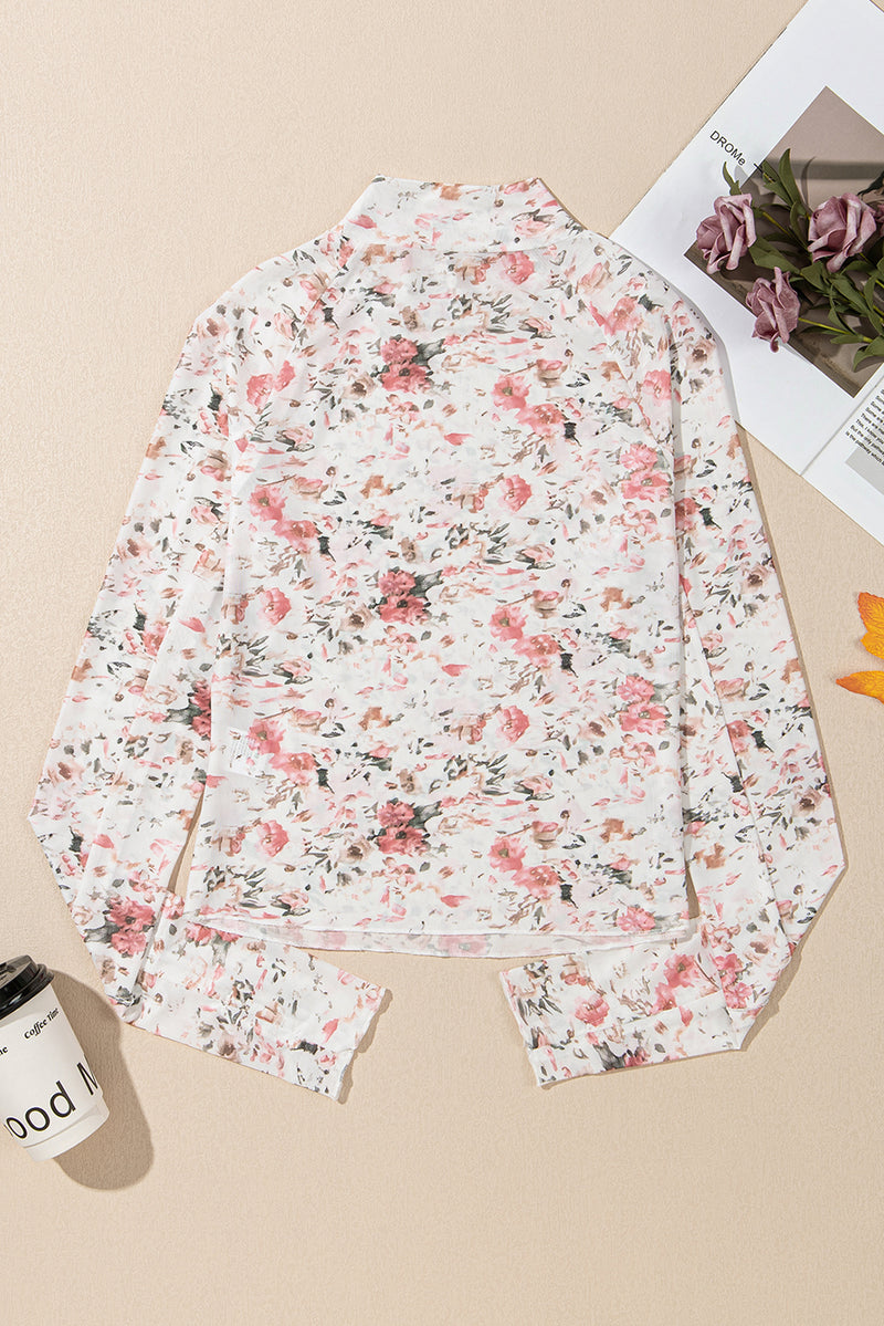 KaleaBoutique Floral Long Sleeve High Neck Sheath Mesh Top - KaleaBoutique.com