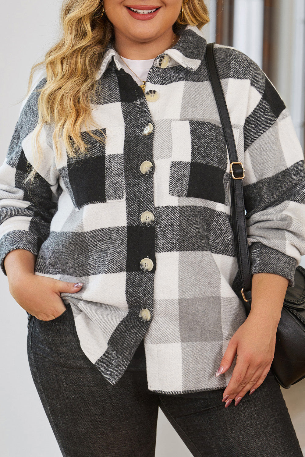 Plus Size Checkered Button-Up Shacket - KaleaBoutique.com