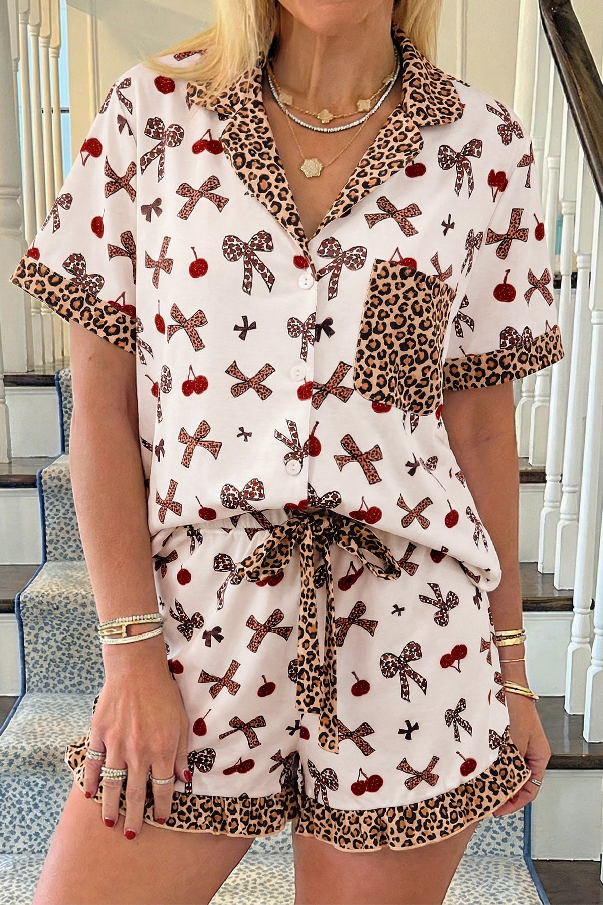 KaleaBoutique Stylish Chic Bow Cherry Printed Leopard Contrast Patchwork Shirt Drawstring Shorts 2pcs PJ Set - KaleaBoutique.com