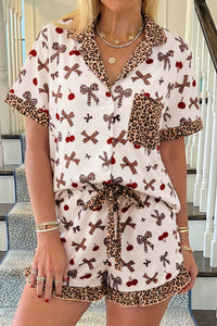 KaleaBoutique Stylish Chic Bow Cherry Printed Leopard Contrast Patchwork Shirt Drawstring Shorts 2pcs PJ Set - KaleaBoutique.com