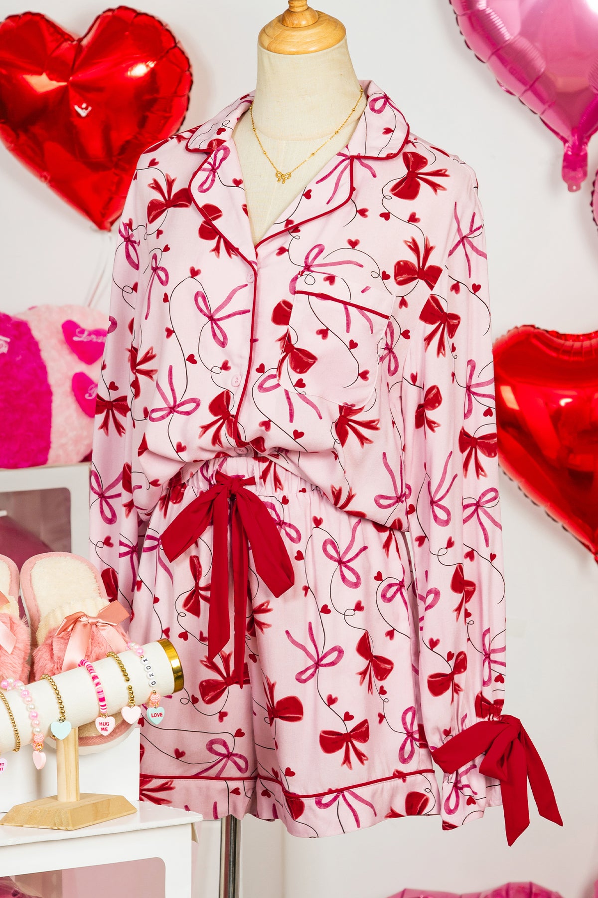 KaleaBoutique Comfortable Bow Print Valentine Long Sleeve Shirt Shorts 2 Pcs Pajama Set - KaleaBoutique.com