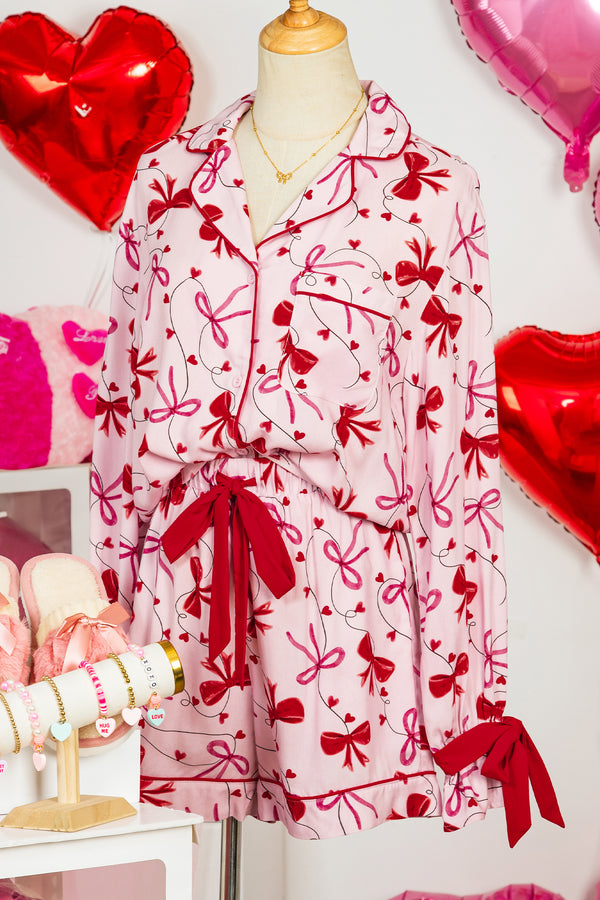KaleaBoutique Comfortable Bow Print Valentine Long Sleeve Shirt Shorts 2 Pcs Pajama Set - KaleaBoutique.com
