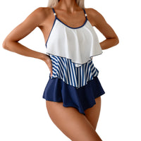 Women's Navy and White Tiered Ruffle 2 PC Tankini Set - KaleaBoutique.com