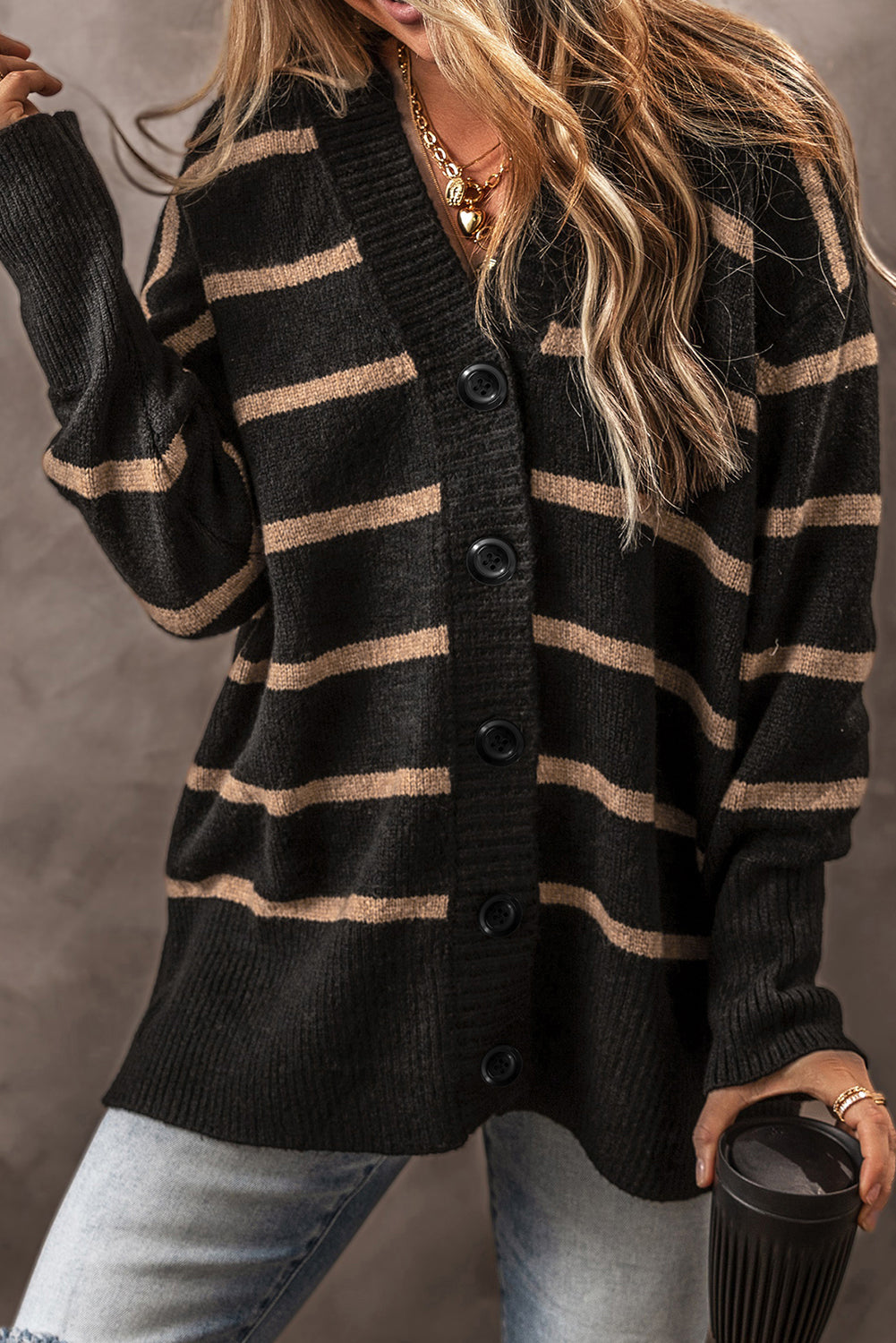 Buttoned V Neck Drop Shoulder Loose Cardigan - KaleaBoutique.com