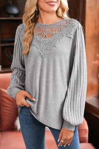 KaleaBoutique Stylish Hollowed Lace Ribbed Knit Long Sleeve Patchwork Top - KaleaBoutique.com