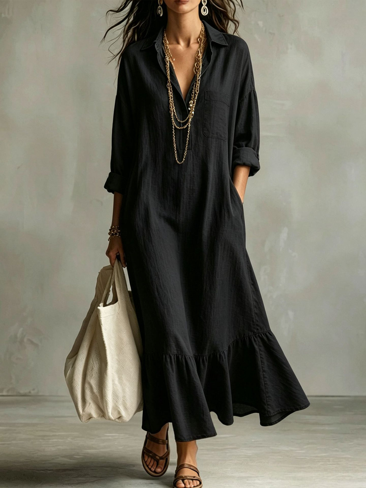 Women's Collared Long-Sleeve Ruffle-Hem Maxi Shirt Dress - KaleaBoutique.com