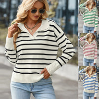 Women's Striped V-Neck Collared Pullover Sweater - KaleaBoutique.com