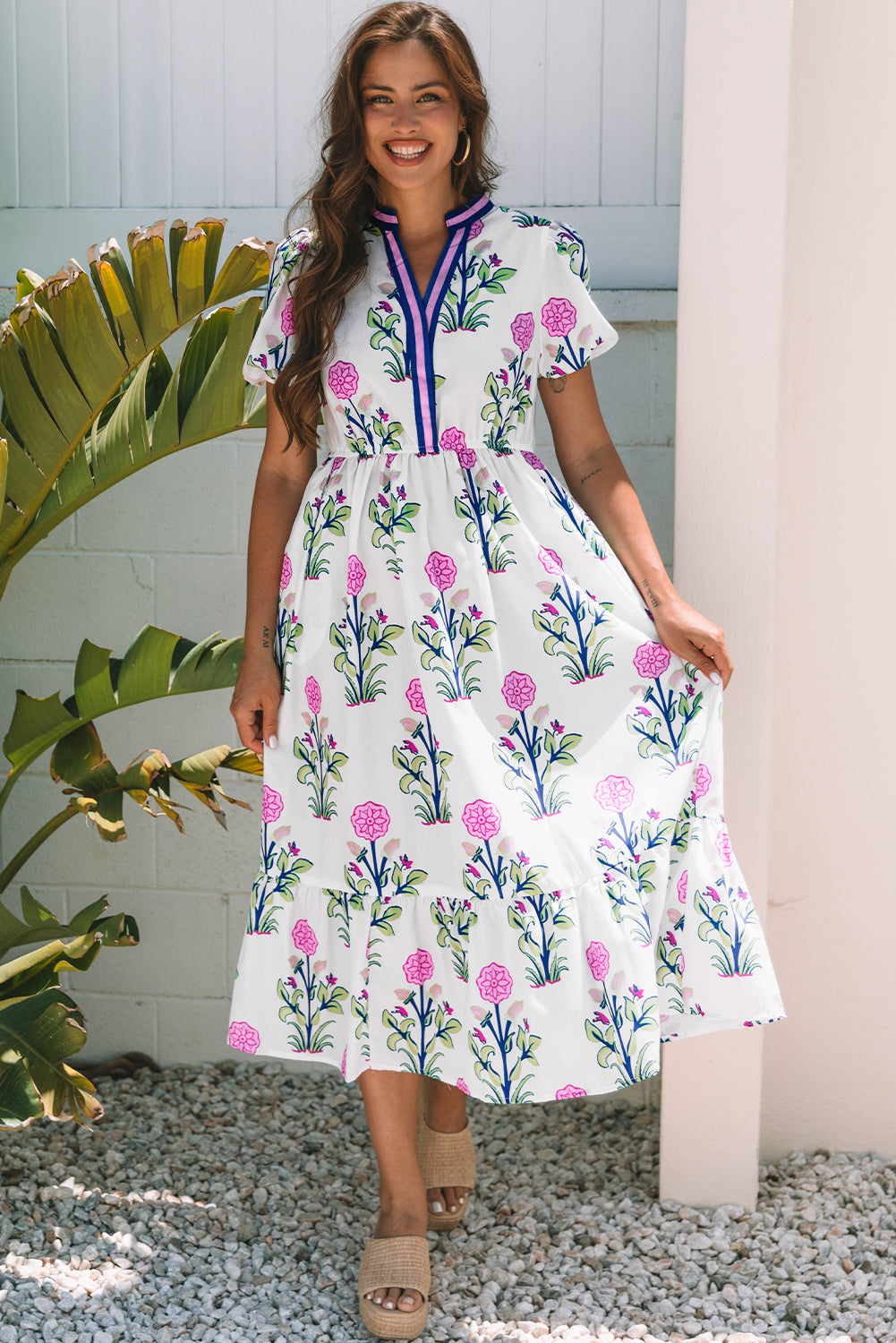 Floral Puff Short Sleeve V Neck High Waist Maxi Dress - KaleaBoutique.com