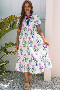 Floral Puff Short Sleeve V Neck High Waist Maxi Dress - KaleaBoutique.com