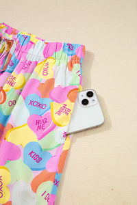 KaleaBoutique Comfortable Valentines Candy Heart V Neck Collared Tunic Shirt and Shorts 2pcs Pajama Set - KaleaBoutique.com