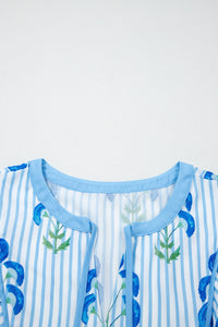 KaleaBoutique Comfortable Floral Striped Print Tie Notched Neck Puff Sleeve Flared Mini Dress - KaleaBoutique.com