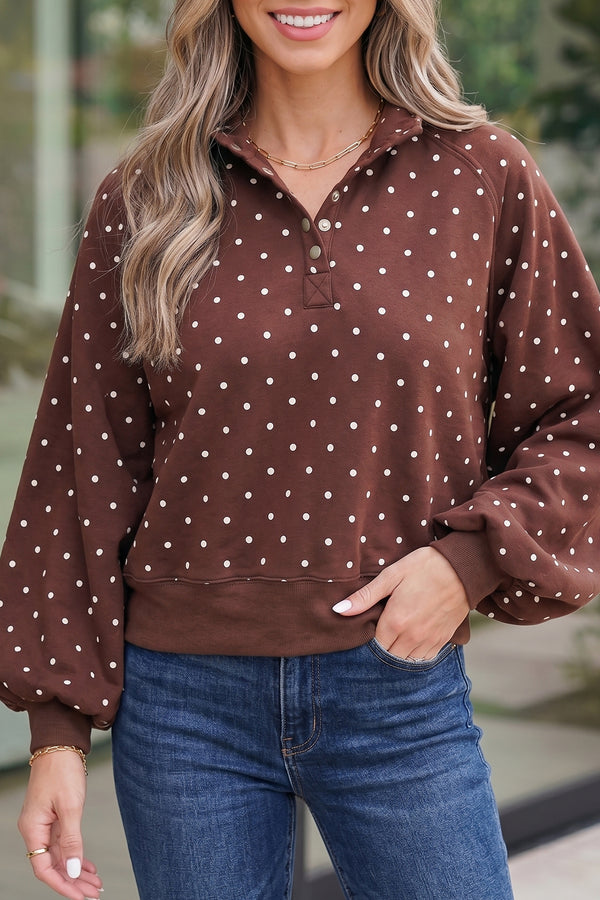 KaleaBoutique Stylish Polka Dot Print Metal Button Collar Casual Pullover Sweatshirt - KaleaBoutique.com