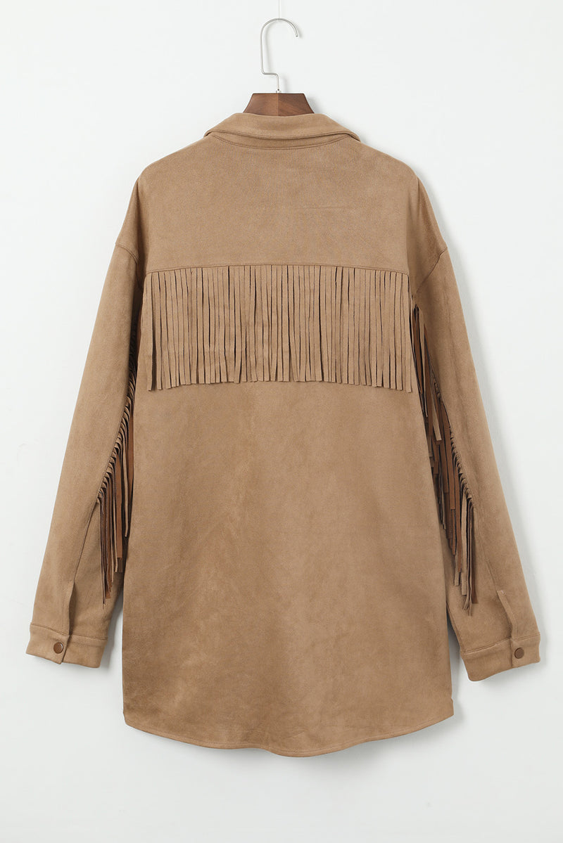 KaleaBoutique Fringe Trim Plus Size Suede Shacket - KaleaBoutique.com