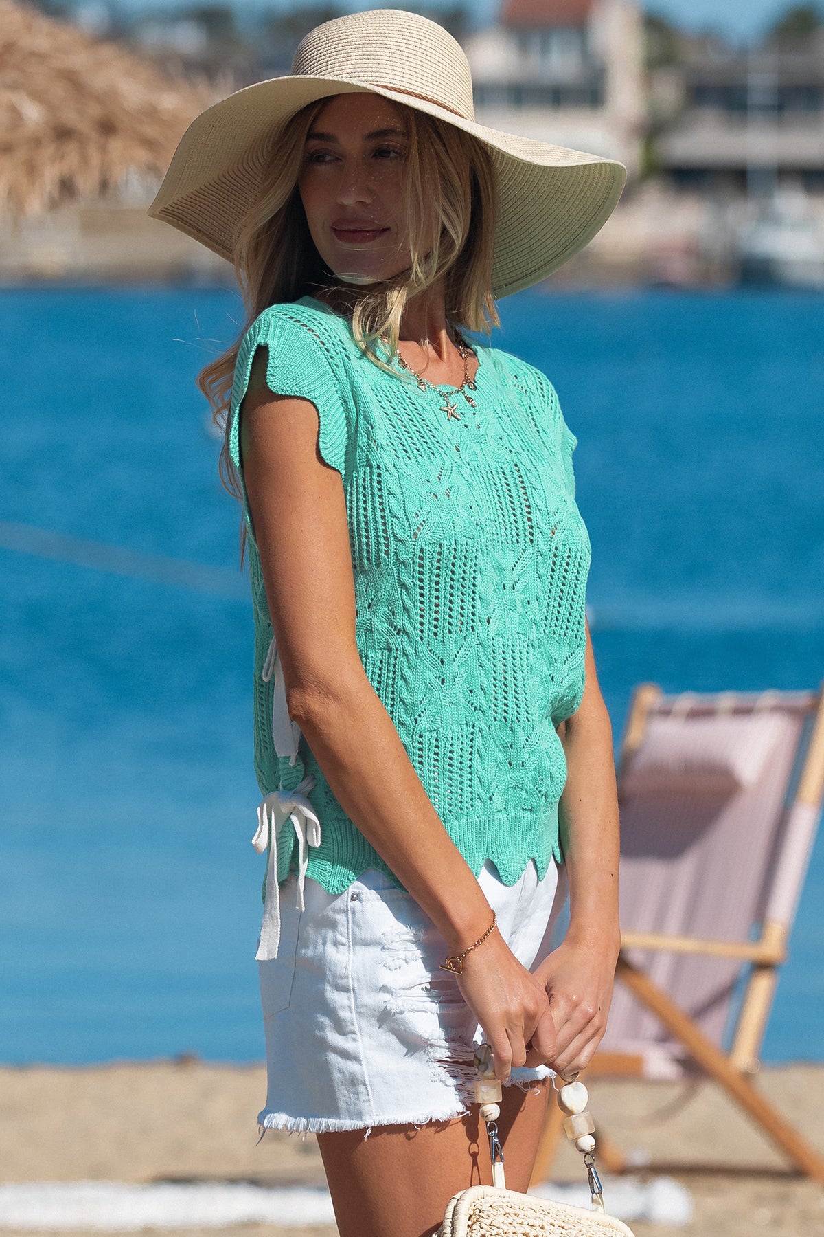 KaleaBoutique Stylish Pointelle Knit Patterned Scalloped Trim Short Sleeve Sweater - KaleaBoutique.com